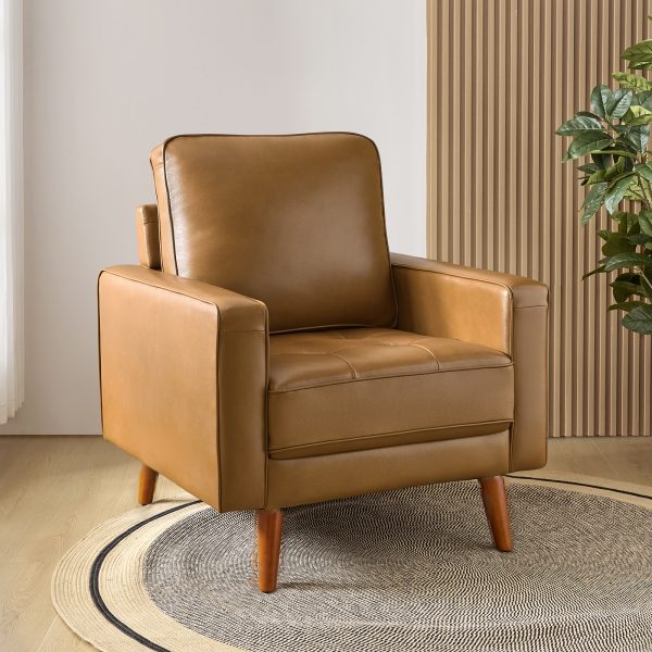Aurelian Camel Genuine Leather Mid Century Modern Armchair