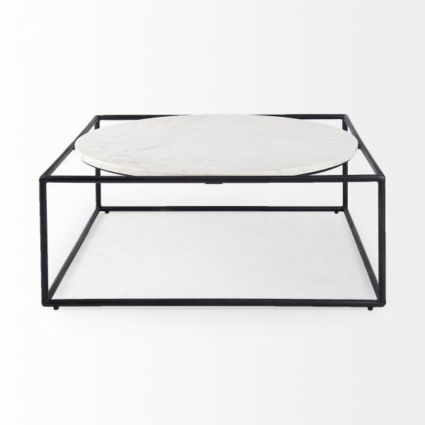 Austen 36L x 36W x 14.5H Round White Marble Top W Black Metal Frame Coffee Table 5
