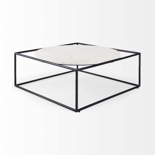 Austen 36L x 36W x 14.5H Round White Marble Top W Black Metal Frame Coffee Table 6