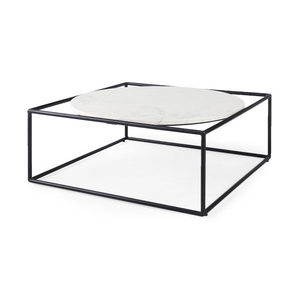 Austen 36L x 36W x 14.5H Round White Marble Top W Black Metal Frame Coffee Table