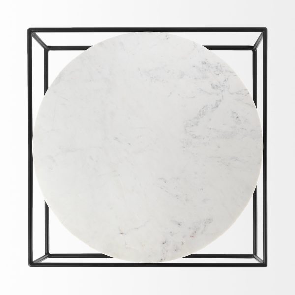 Austen 36L x 36W x 14.5H Round White Marble Top W Black Metal Frame Coffee Table 7