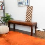 Antique Tan Leather Mid-Century Bench with Solid Wood Legs 8 Antique Tan Leather Mid-Century Bench with Solid Wood Legs