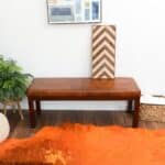 Antique Tan Leather Mid-Century Bench with Solid Wood Legs 11 Antique Tan Leather Mid-Century Bench with Solid Wood Legs