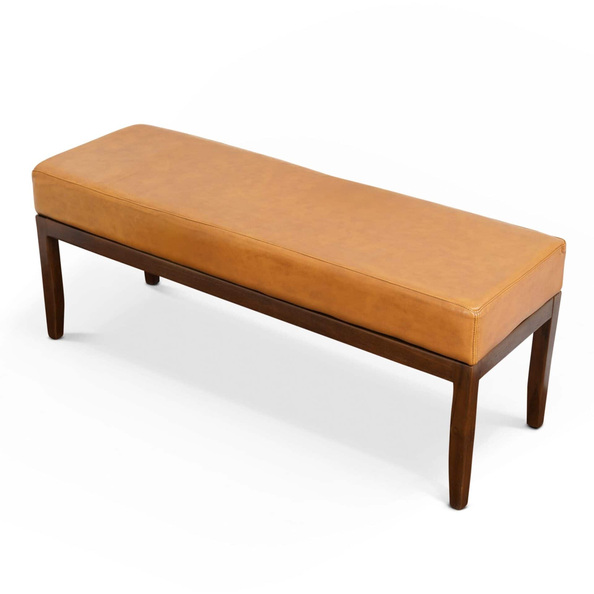 Mid-Century Modern Tan Leather Bench with Solid Wood Legs 1 Mid-Century Modern Tan Leather Bench with Solid Wood Legs