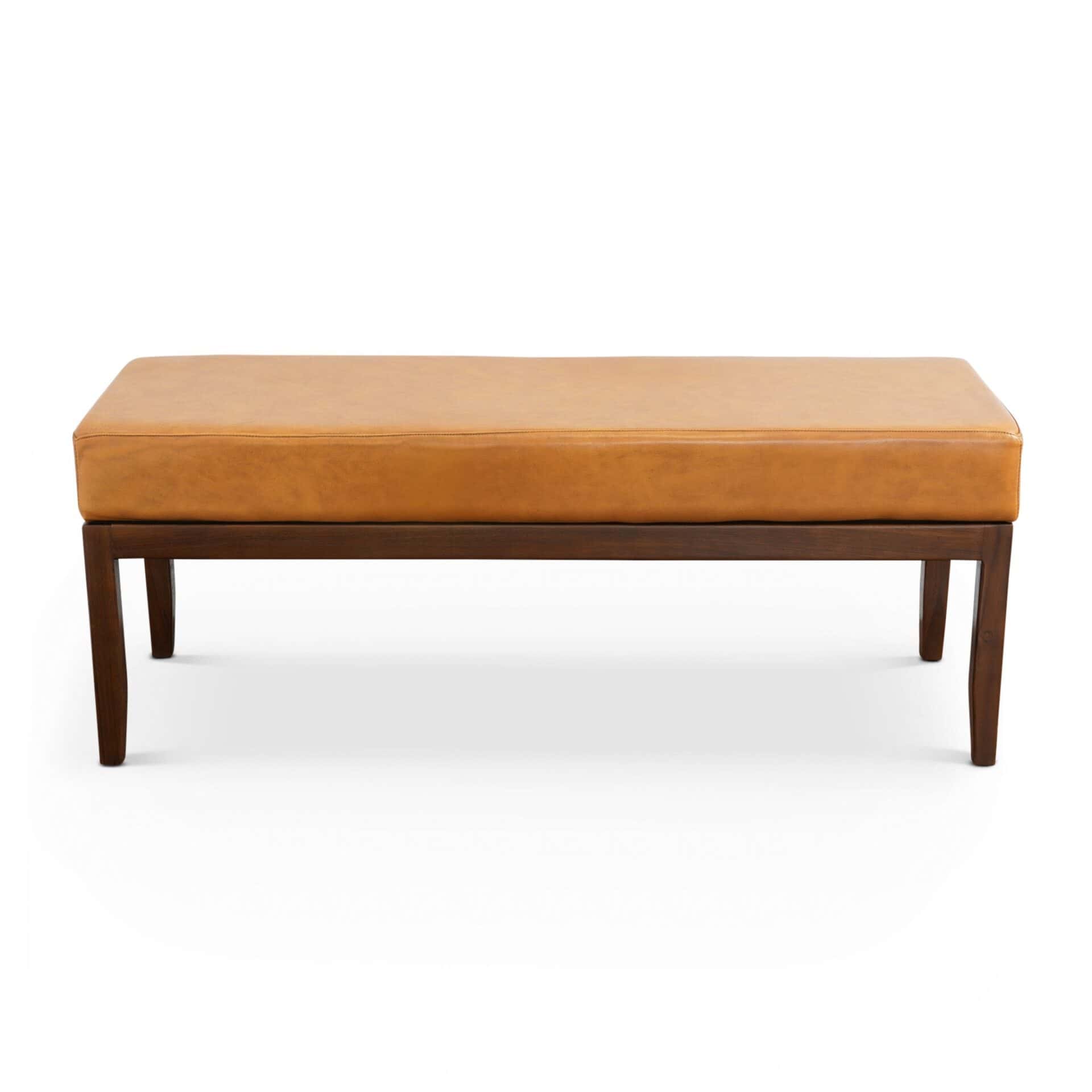 Mid-Century Modern Tan Leather Bench with Solid Wood Legs 7 Mid-Century Modern Tan Leather Bench with Solid Wood Legs - Image 7