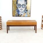 Mid-Century Modern Tan Leather Bench with Solid Wood Legs 13 Mid-Century Modern Tan Leather Bench with Solid Wood Legs