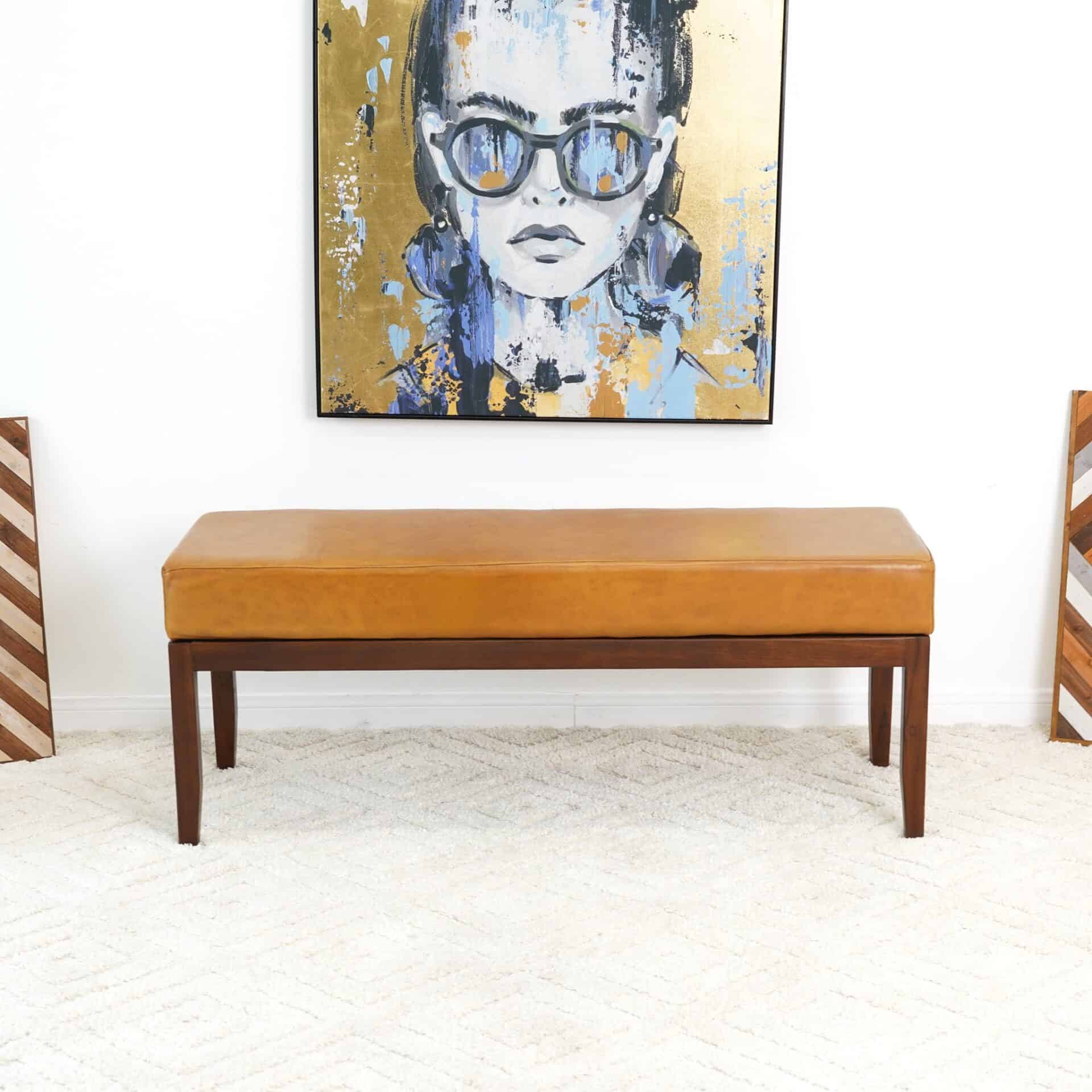 Mid-Century Modern Tan Leather Bench with Solid Wood Legs 6 Mid-Century Modern Tan Leather Bench with Solid Wood Legs - Image 6