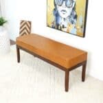 Mid-Century Modern Tan Leather Bench with Solid Wood Legs 12 Mid-Century Modern Tan Leather Bench with Solid Wood Legs