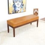 Mid-Century Modern Tan Leather Bench with Solid Wood Legs 10 Mid-Century Modern Tan Leather Bench with Solid Wood Legs