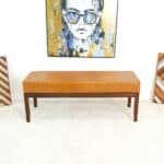 Mid-Century Modern Tan Leather Bench with Solid Wood Legs 9 Mid-Century Modern Tan Leather Bench with Solid Wood Legs
