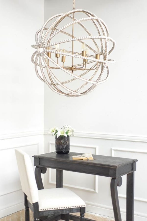 Ava White 34D Gold Metal and White Wood Beaded Six Bulb Chandelier 1