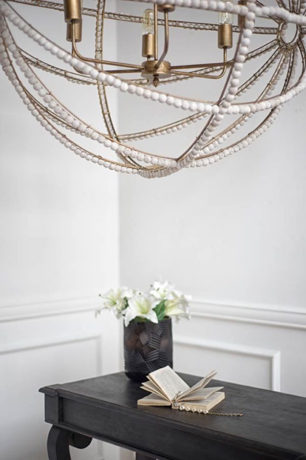 Ava White 34D Gold Metal and White Wood Beaded Six Bulb Chandelier 2