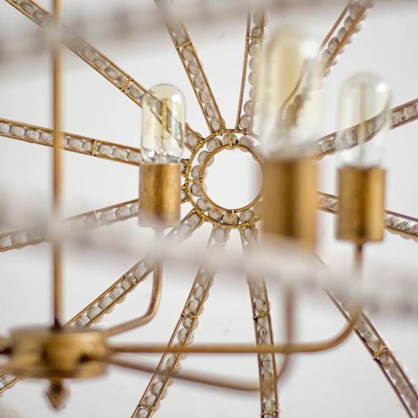 Ava White 34D Gold Metal and White Wood Beaded Six Bulb Chandelier 6