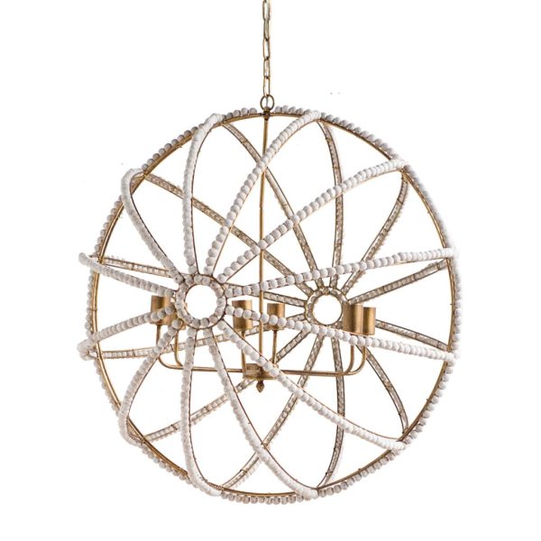 Ava White 34D Gold Metal and White Wood Beaded Six Bulb Chandelier