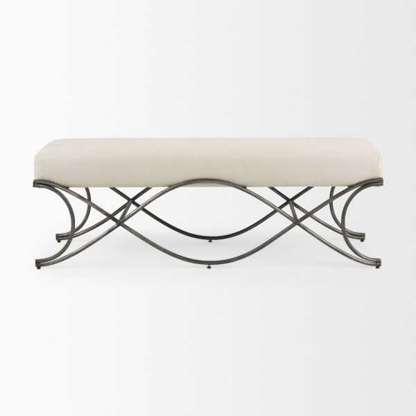 Ayla 55L x 17.6W x 18H Cream Fabric Seat W Antique Nickel Frame Bench 4