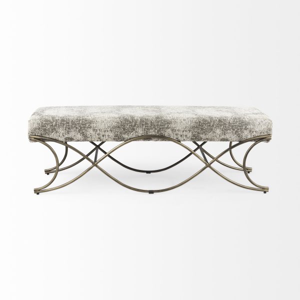 Ayla 55L x 17.6W x 18H Light and Dark Gray Fabric Seat W Antique Gold Metal Frame Bench 3