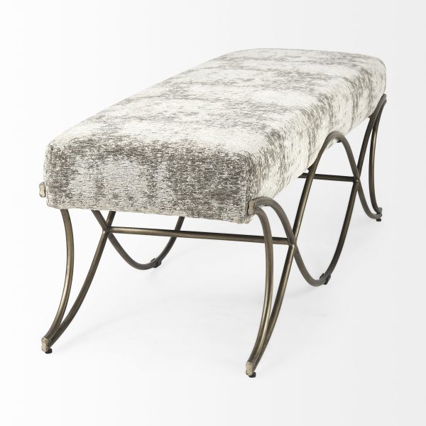 Ayla 55L x 17.6W x 18H Light and Dark Gray Fabric Seat W Antique Gold Metal Frame Bench 5
