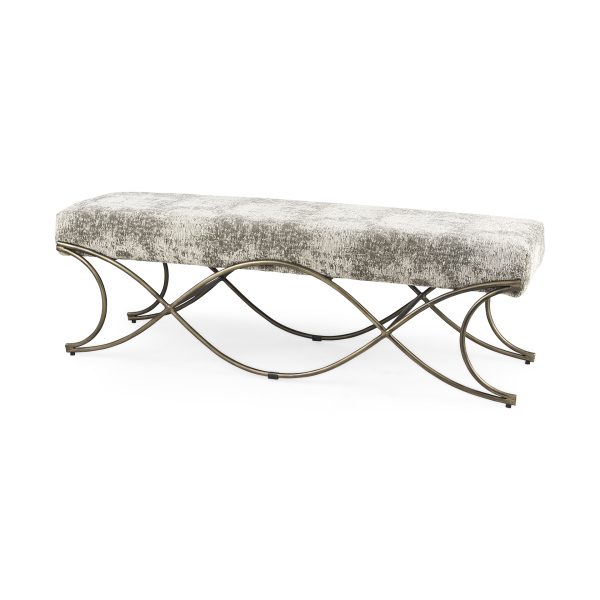 Ayla 55L x 17.6W x 18H Light and Dark Gray Fabric Seat W Antique Gold Metal Frame Bench