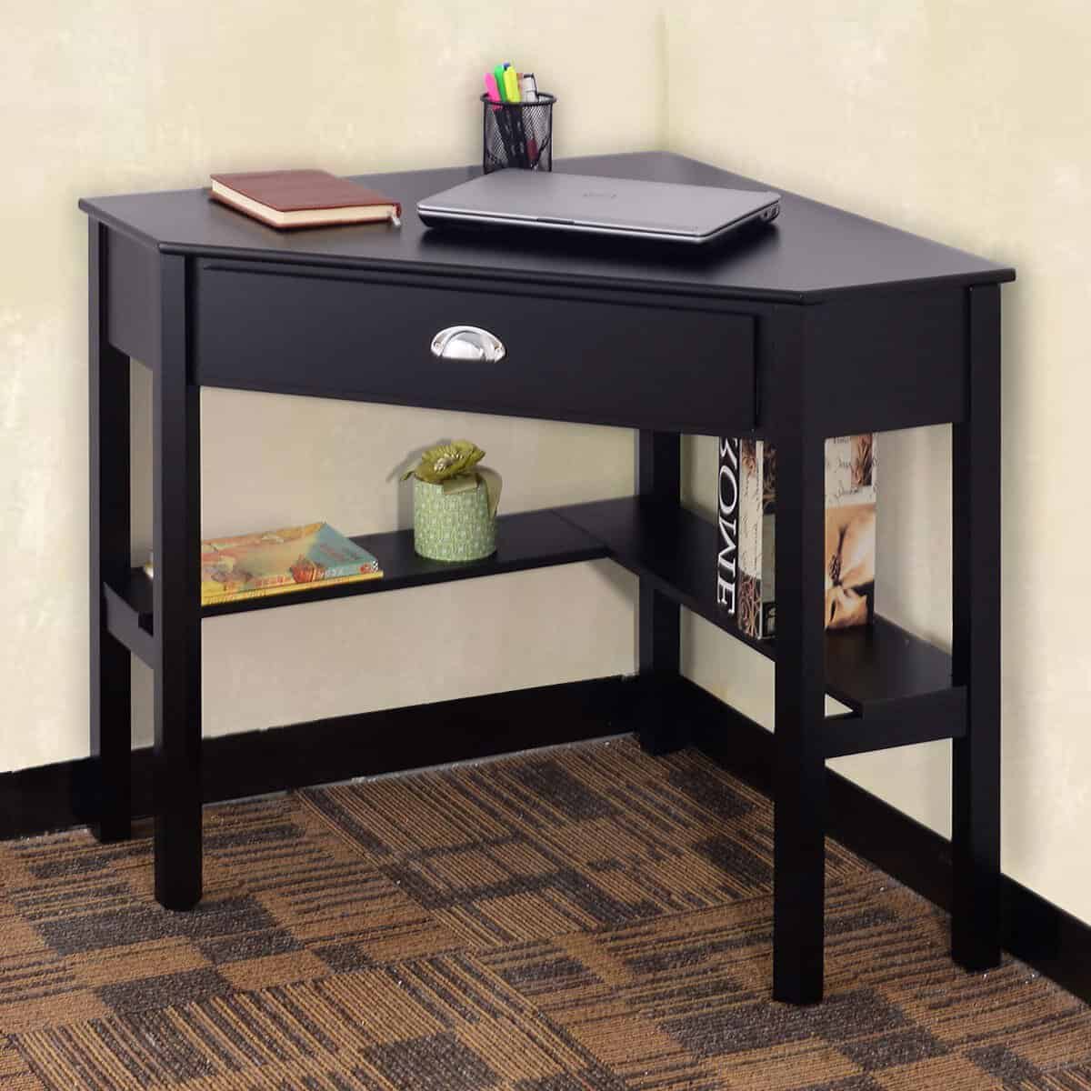 Corner Black Wood Computer Desk with Drawer and Shelves 2 Corner Black Wood Computer Desk with Drawer and Shelves - Image 2