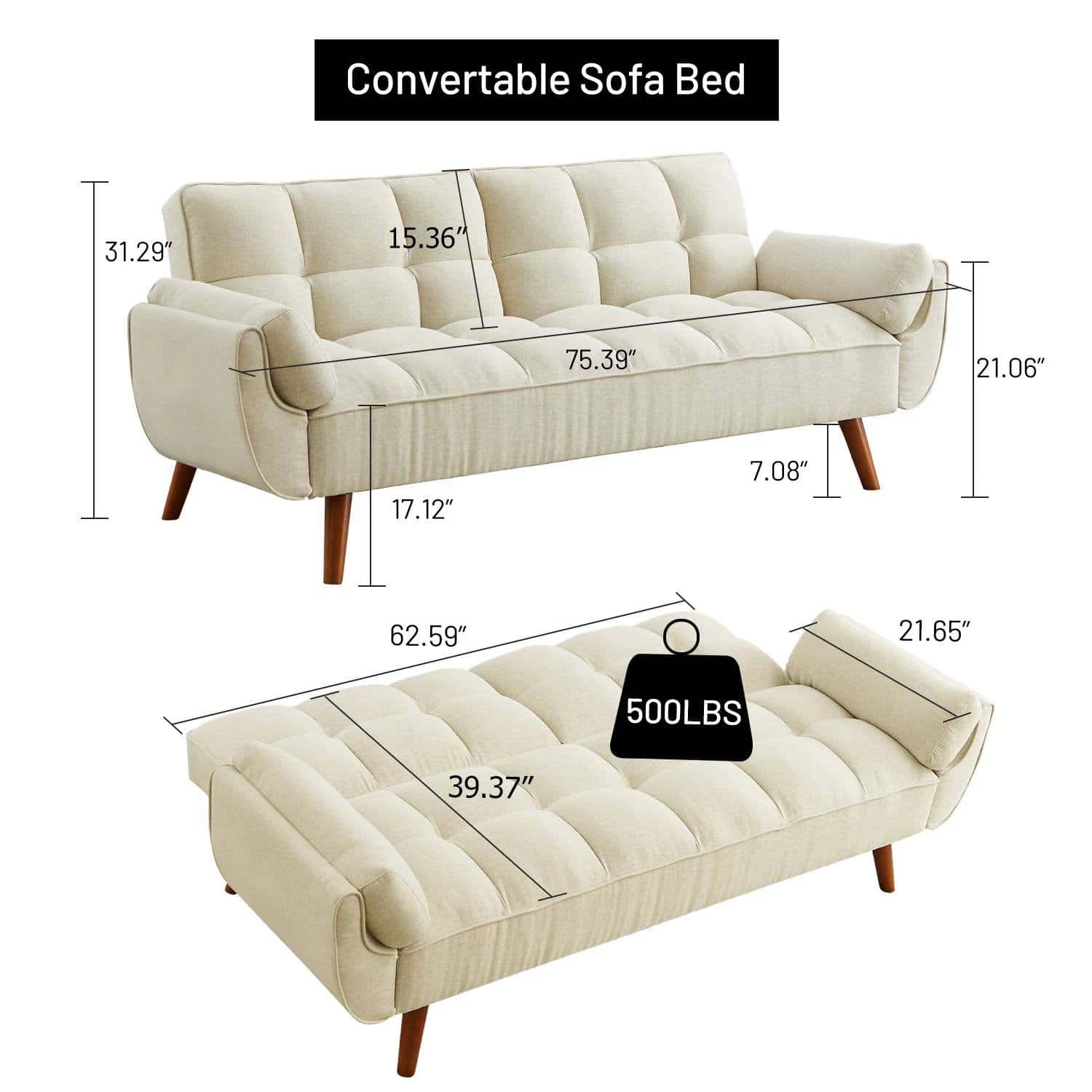 Mid-Century Modern Beige Tufted Sleeper Sofa Bed for Small Spaces 4 Mid-Century Modern Beige Tufted Sleeper Sofa Bed for Small Spaces - Image 4