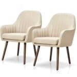 Retro Off-White Linen Accent Chairs with Wood Legs (Set of 2)