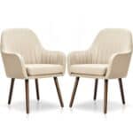 Retro Off-White Linen Accent Chairs with Wood Legs (Set of 2)