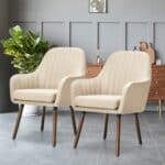 Retro Off-White Linen Accent Chairs with Wood Legs (Set of 2)