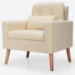 Beige Mid-Century Modern Linen Accent Chair with Pillow