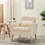 Beige Mid-Century Modern Linen Accent Chair with Pillow
