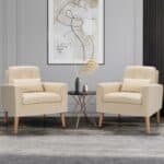 Beige Mid-Century Modern Linen Accent Chair with Pillow