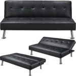 Black Faux Leather Adjustable Futon Sofa Bed with Tufted Design