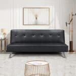 Black Faux Leather Adjustable Futon Sofa Bed with Tufted Design