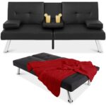 Black Faux Leather Convertible Futon Sofa with Cup Holders