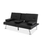 Black Faux Leather Convertible Futon Sofa with Cup Holders