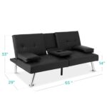 Black Faux Leather Convertible Futon Sofa with Cup Holders
