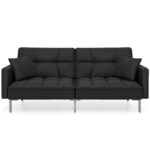 Black Split-Back Convertible Linen Tufted Futon with 2 Pillows