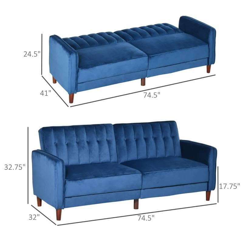 Mid-Century Modern Blue Velvet Futon Sleeper Sofa Bed 5 Mid-Century Modern Blue Velvet Futon Sleeper Sofa Bed - Image 5