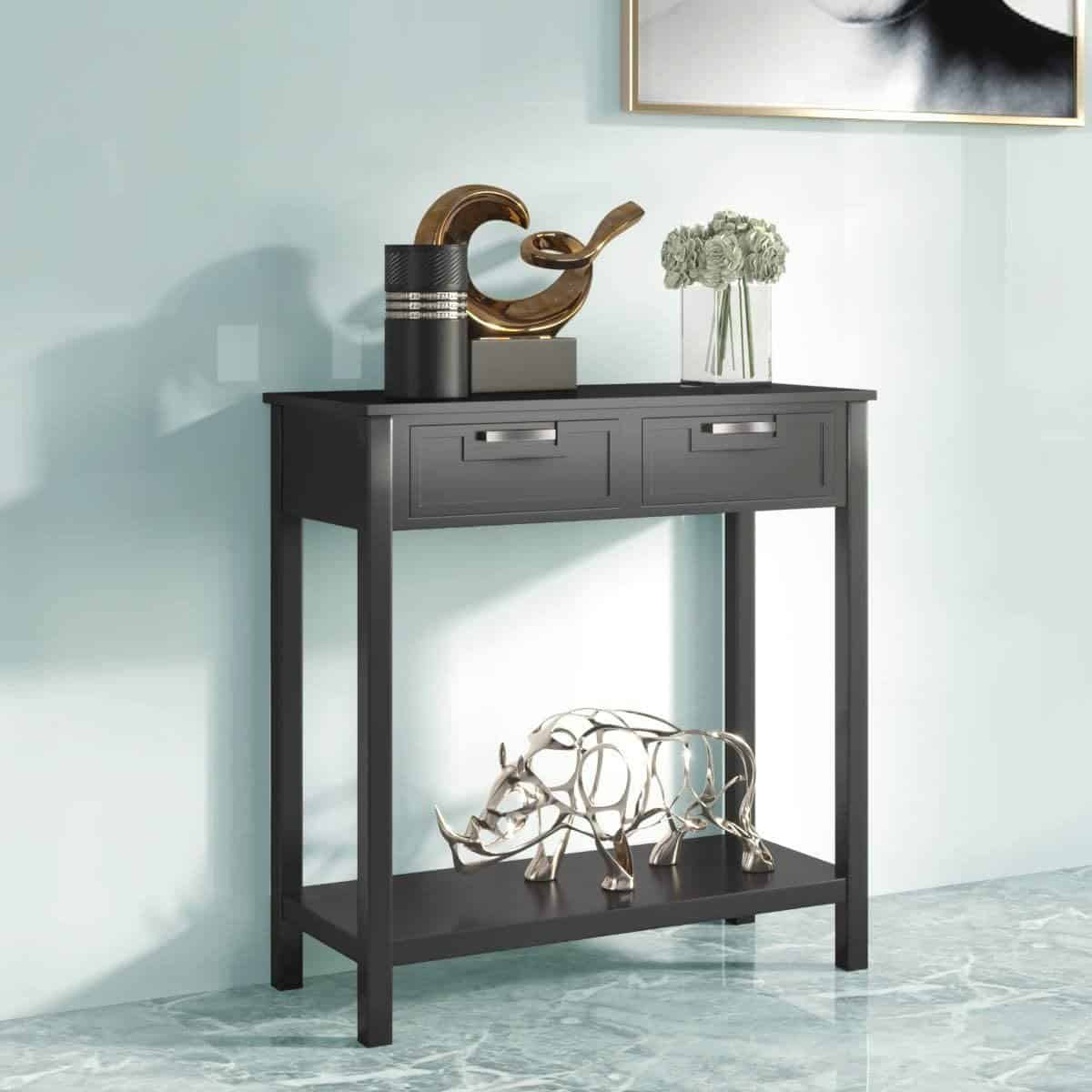 Modern Black Acacia Wood 2 Drawer Side Table 3 Modern Black Acacia Wood 2 Drawer Side Table - Image 3