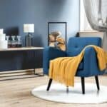 Mid-Century Modern Blue Linen Accent Chair with Wooden Legs 7 Mid-Century Modern Blue Linen Accent Chair with Wooden Legs