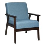 Blue Linen Wide Accent Chair with Espresso Rubber Wood Frame
