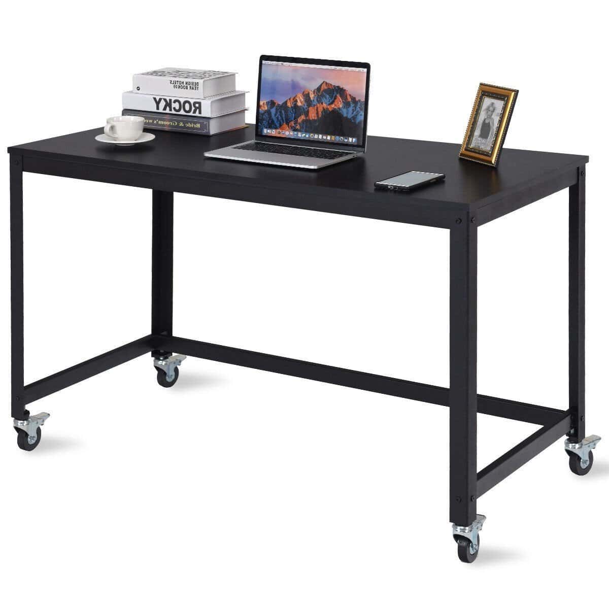 Mobile Steel Frame Laptop Desk with Black Wood Top and Casters 1 Mobile Steel Frame Laptop Desk with Black Wood Top and Casters