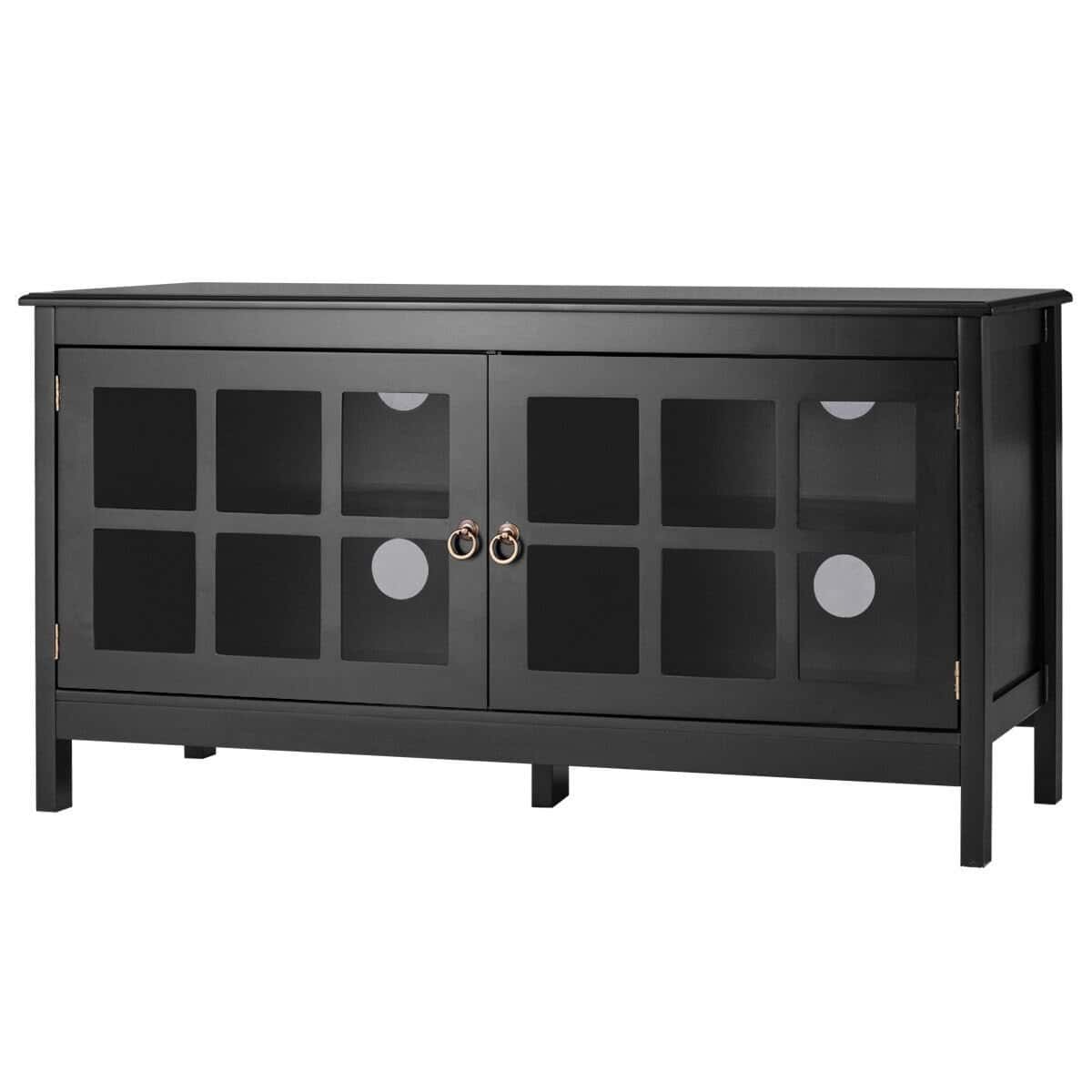 Black Wood TV Stand with Glass Doors and Storage Shelves 1 Black Wood TV Stand with Glass Doors and Storage Shelves