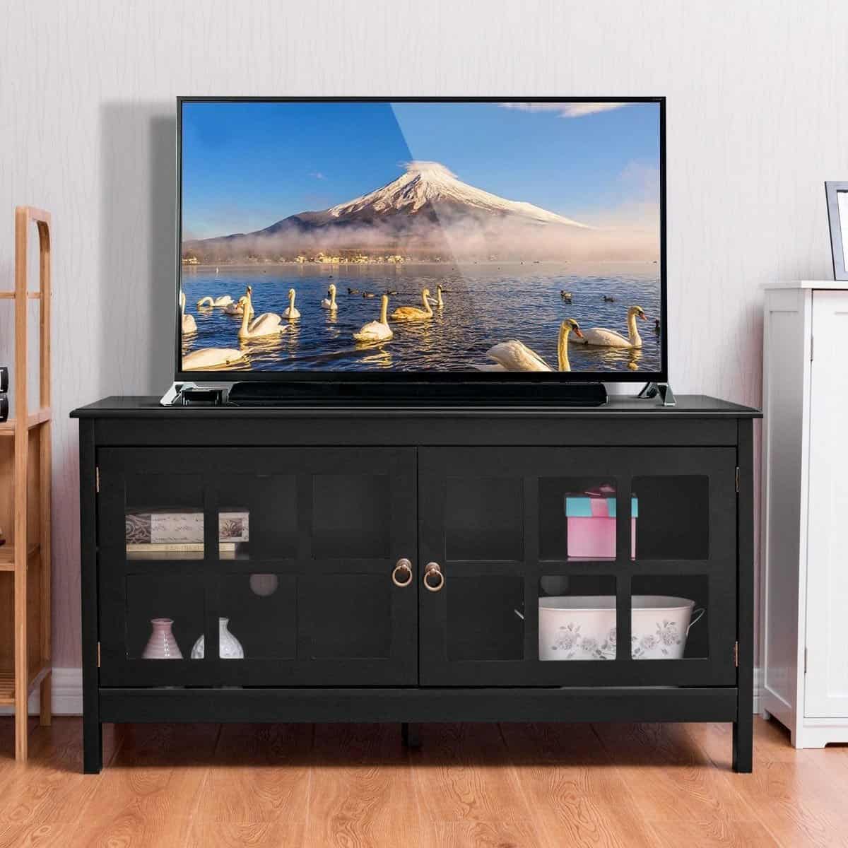 Black Wood TV Stand with Glass Doors and Storage Shelves 2 Black Wood TV Stand with Glass Doors and Storage Shelves - Image 2