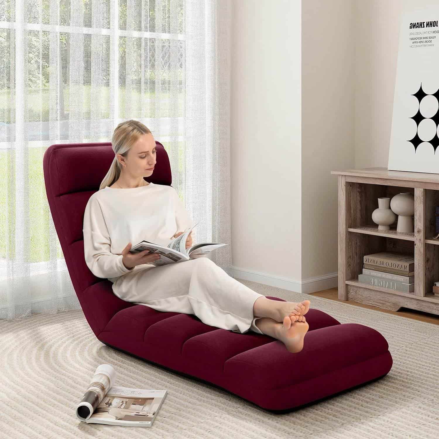 Burgundy Adjustable Foldable Sofa Bed Lounger with Pillow 3 Burgundy Adjustable Foldable Sofa Bed Lounger with Pillow - Image 3