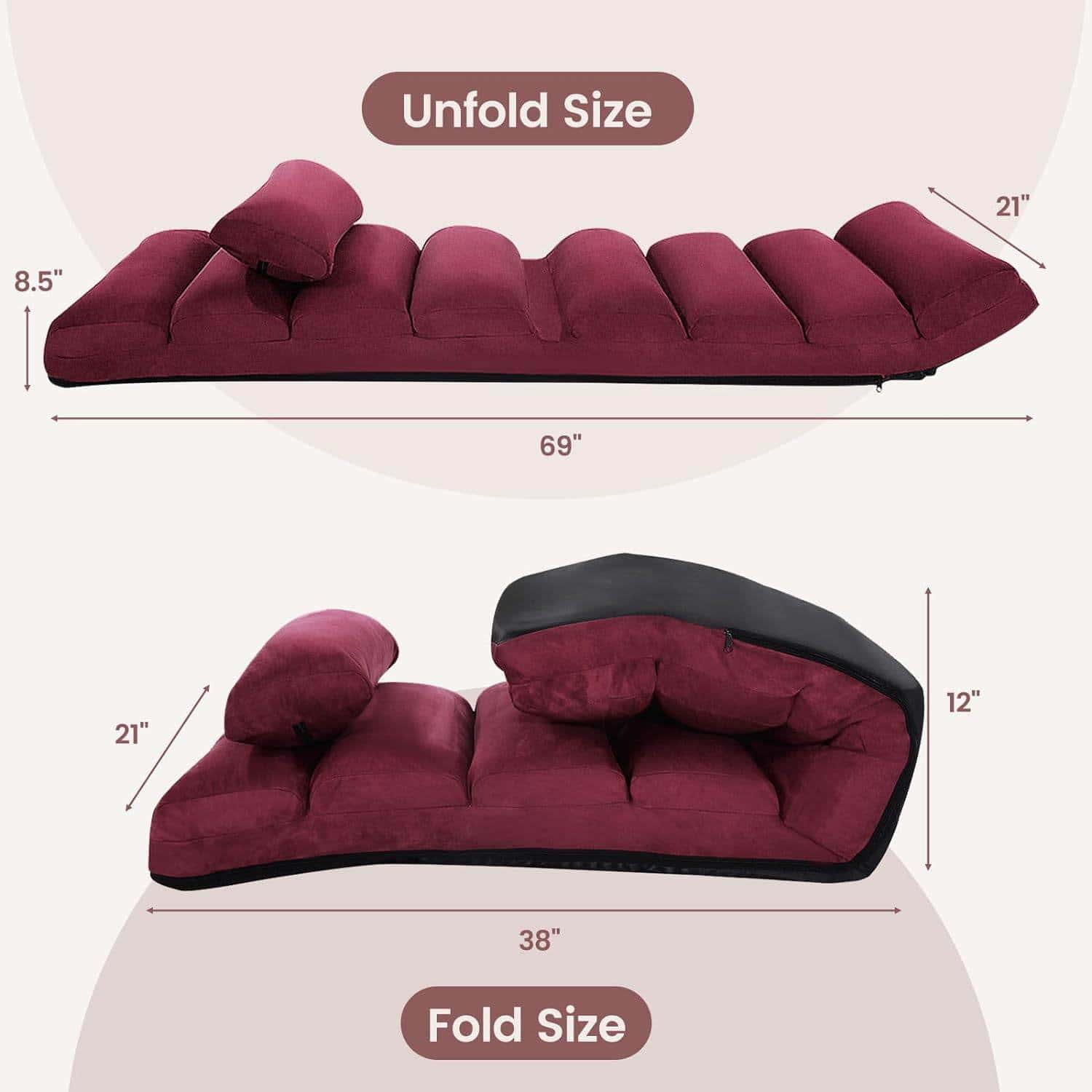 Burgundy Adjustable Foldable Sofa Bed Lounger with Pillow 5 Burgundy Adjustable Foldable Sofa Bed Lounger with Pillow - Image 5