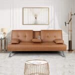 Brown Faux Leather Convertible Sofa Bed with Cup Holders 6 Brown Faux Leather Convertible Sofa Bed with Cup Holders