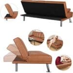 Brown Faux Leather Convertible Sofa Bed with Cup Holders 7 Brown Faux Leather Convertible Sofa Bed with Cup Holders