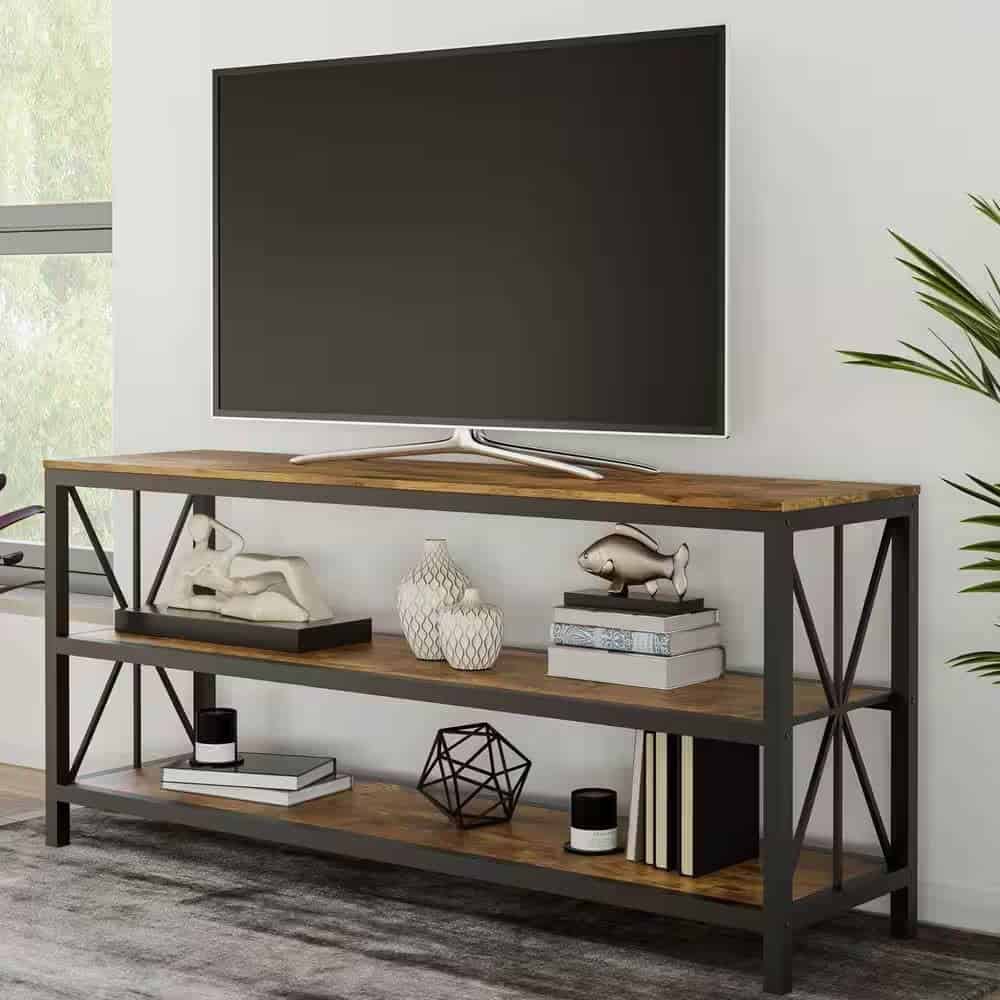 Modern Black Metal TV Stand with Barnwood Finish Shelves 1 Modern Black Metal TV Stand with Barnwood Finish Shelves