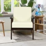 Retro Beige Linen Accent Chair with Wide Back and Wood Frame