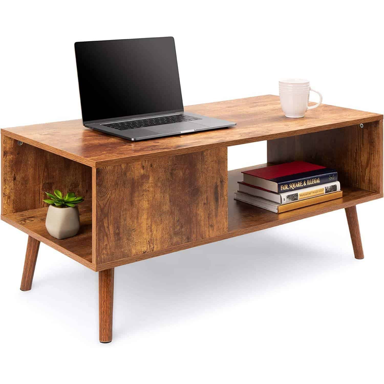 Mid-Century Modern Coffee Table with Storage Shelf in Brown Wood 2 Mid-Century Modern Coffee Table with Storage Shelf in Brown Wood - Image 2